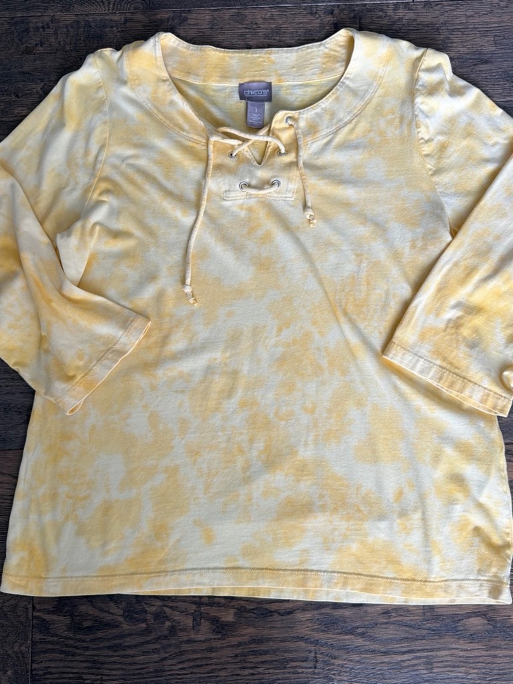 Chico's Yellow and Cream Lace-Up Tie-Dye Top